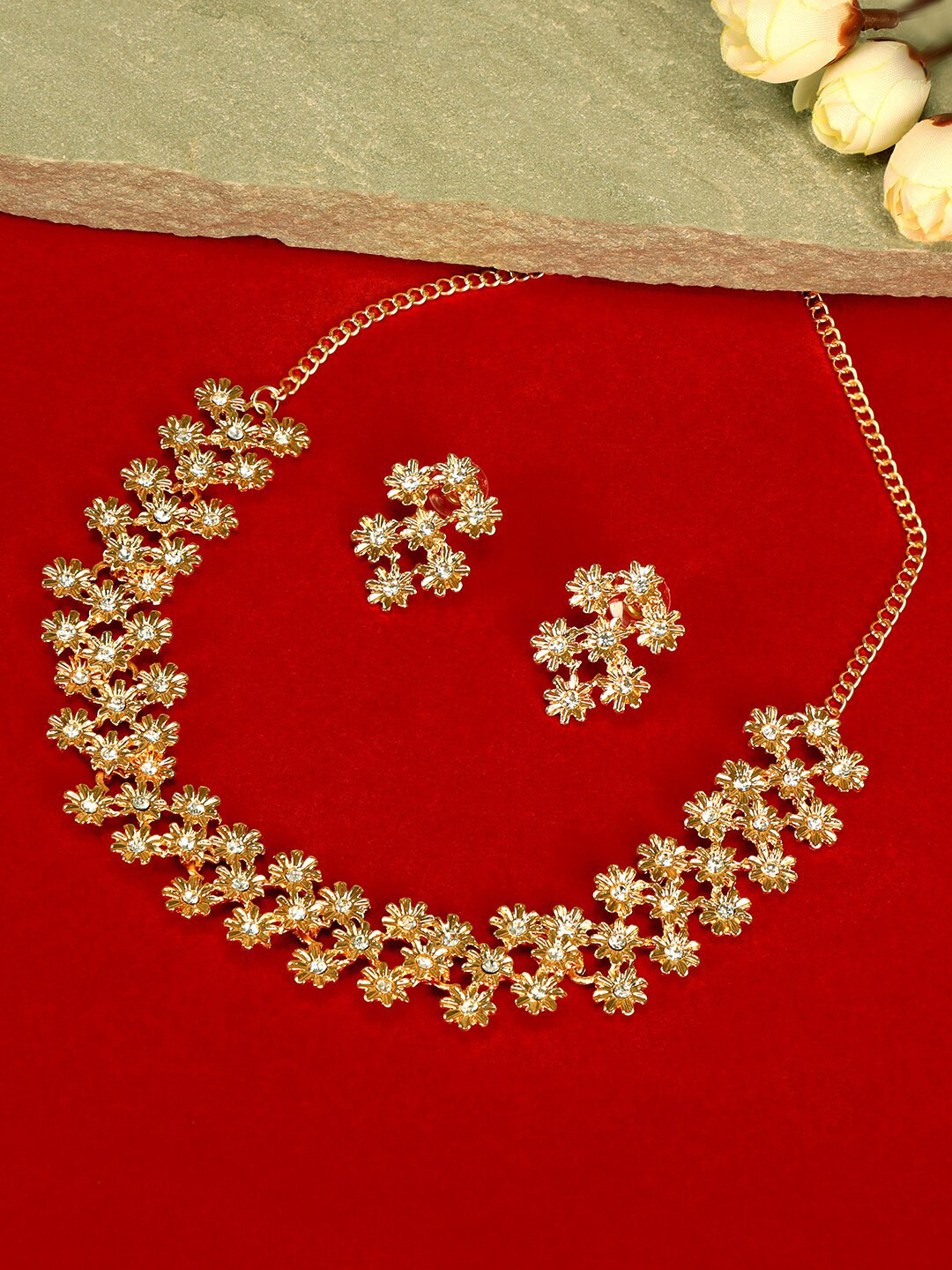 AccessHer Gold-Plated White Rhinestones Studded Jewellery Set