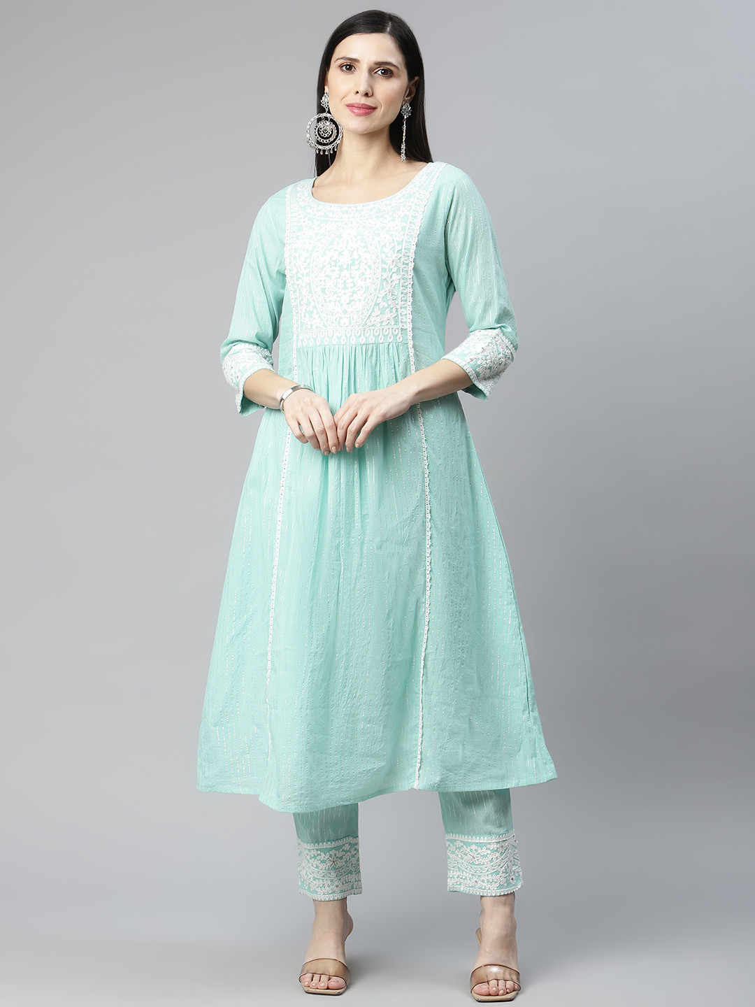 AMIRAS INDIAN ETHNIC WEAR Women Turquoise Blue Yoke Design Pleated Pure Cotton Kurta with Trousers