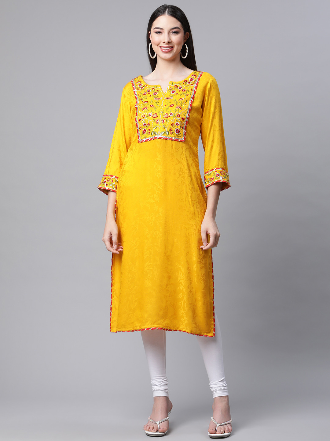 AMIRAS INDIAN ETHNIC WEAR Women Mustard Yellow Ethnic Motifs Yoke Design Gotta Patti Kurta