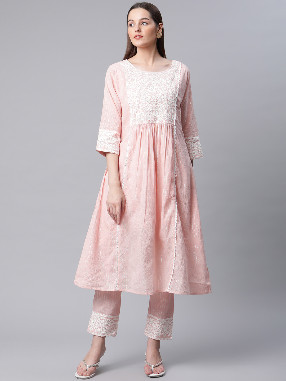 AMIRAS INDIAN ETHNIC WEAR Women Pink Floral Yoke Design Pure Cotton Kurta with Trousers