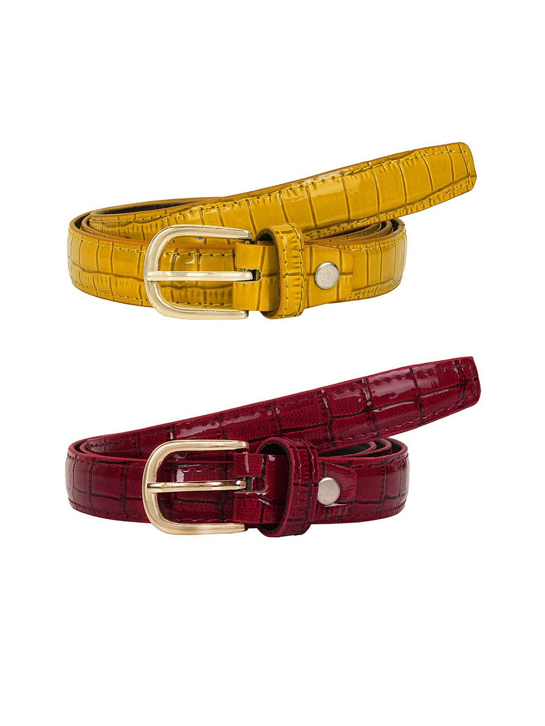 SIDEWOK Women Yellow & Brown Glossy Textured PU Belt Pack Of 2