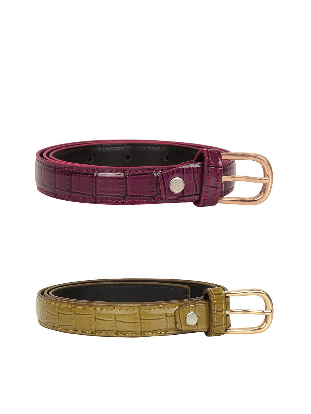 SIDEWOK Women Pack of 2 Maroon & Green Textured PU Belt