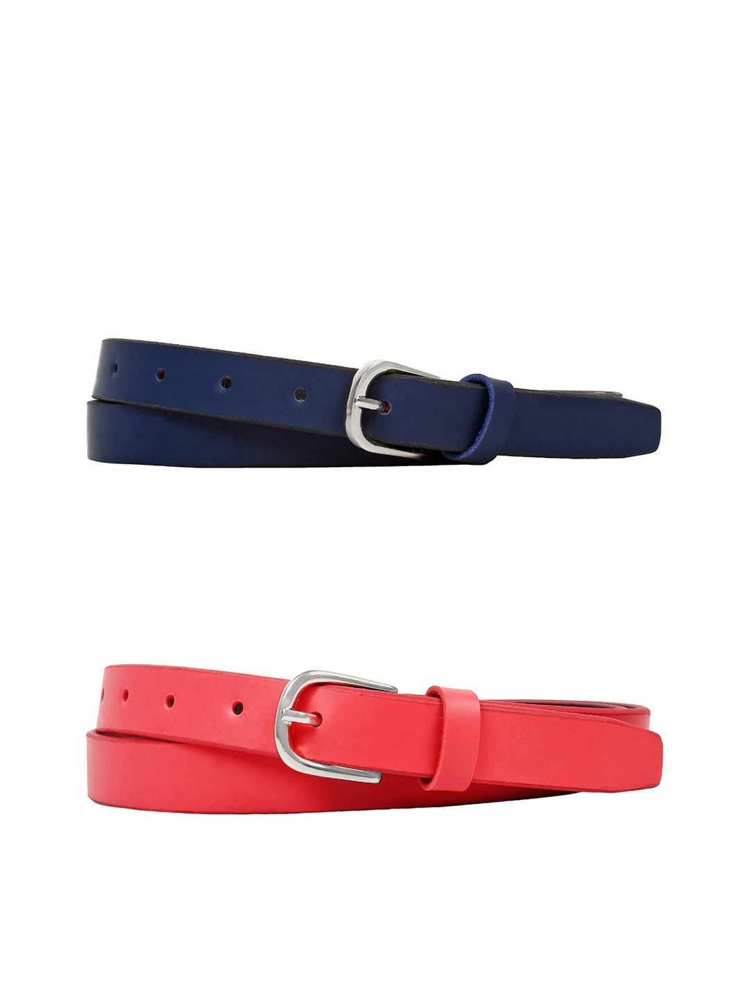 SIDEWOK Women Red & Blue Solid Vegan Leather Belt Pack Of 2