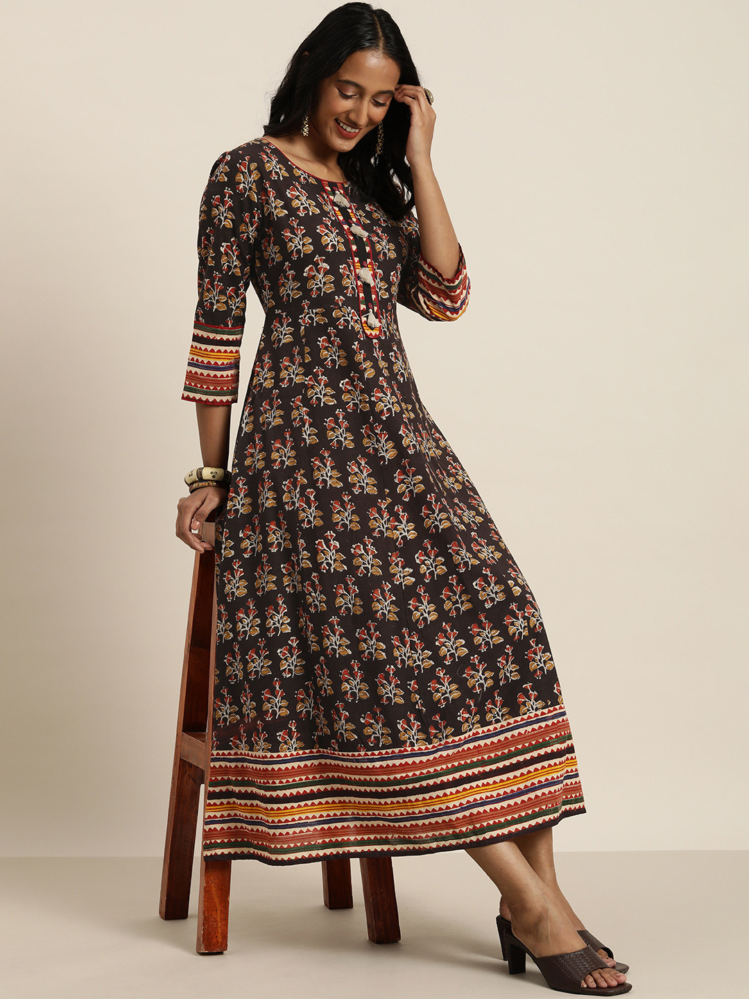Taavi Women Coffee Brown & Beige Bagru Hand Block Print  Midi A-Line Dress