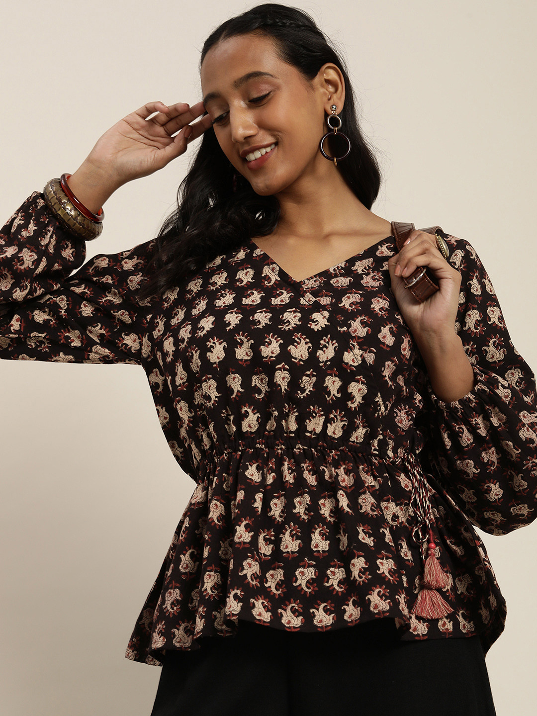 Taavi Women Black & Beige Bagru Printed Pure Cotton Wrap Top