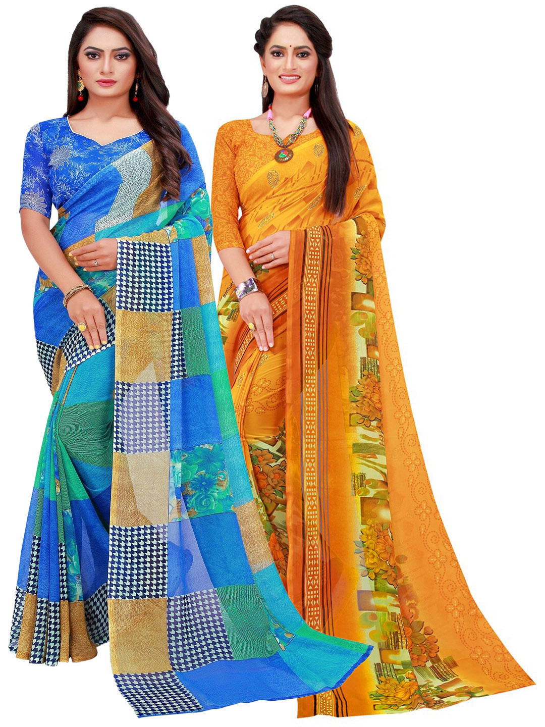 Florence Blue & Yellow Pack Of 2 Pure Georgette Sarees