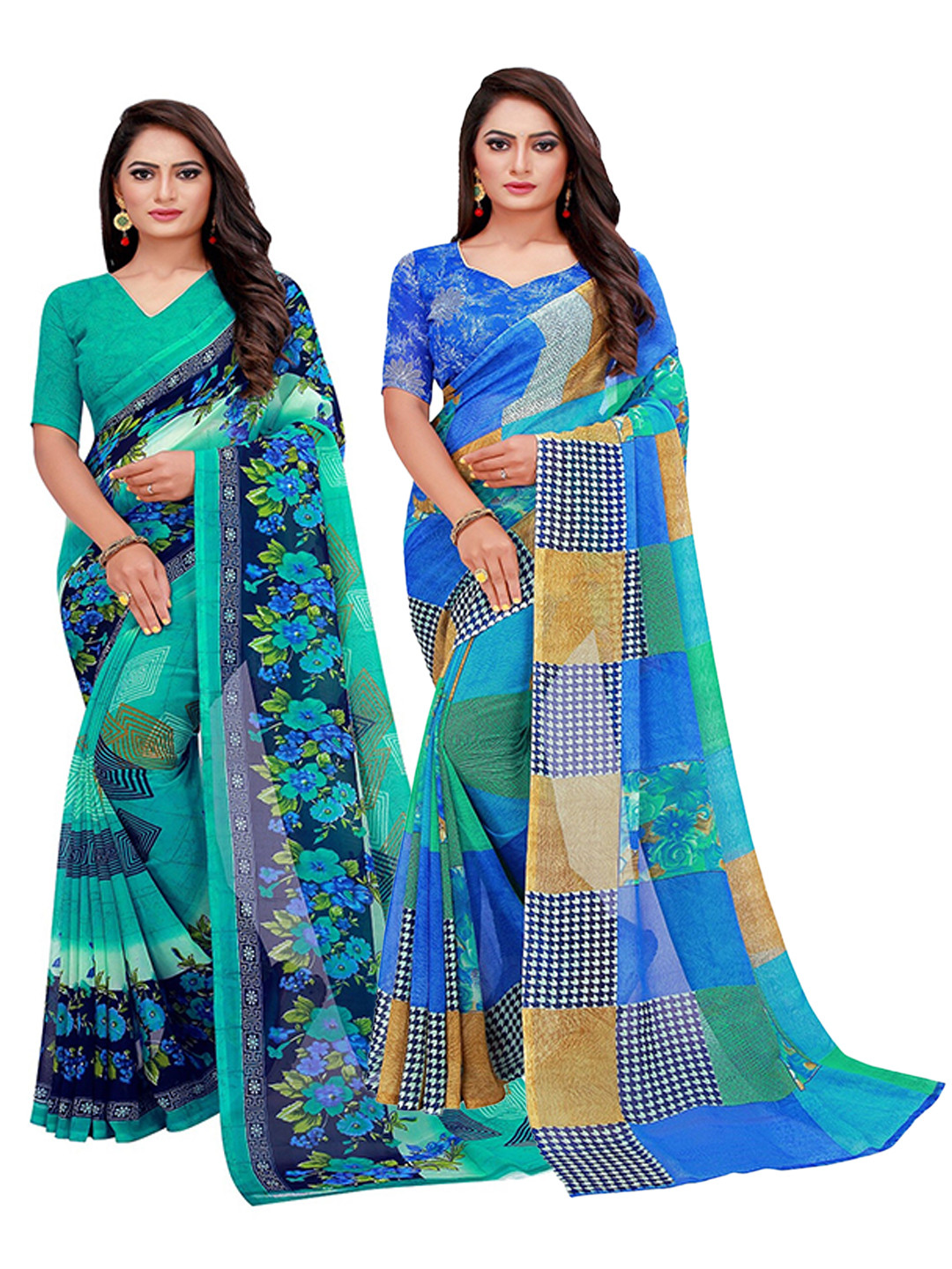 Florence Blue & Teal Printed Pure Georgette Saree