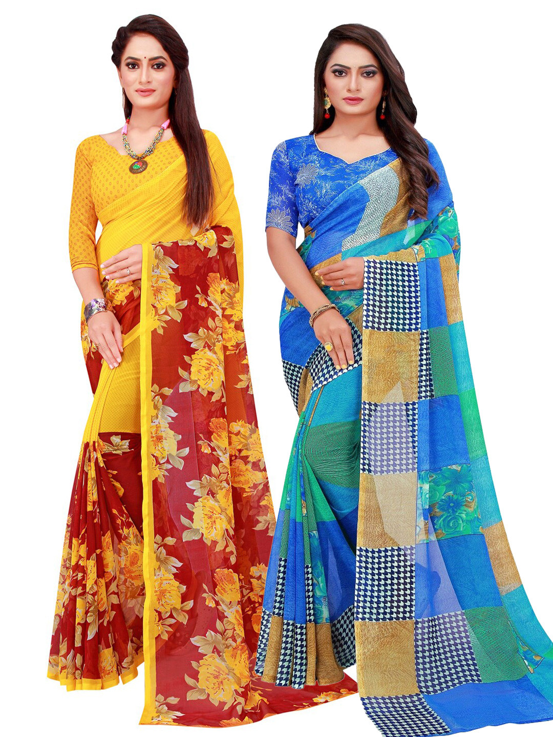 Florence Blue & Yellow Printed Pure Georgette Sarees