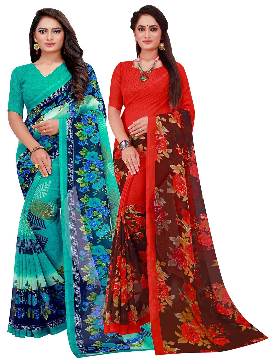 KALINI Turquoise Blue & Red Printed Pure Georgette Saree