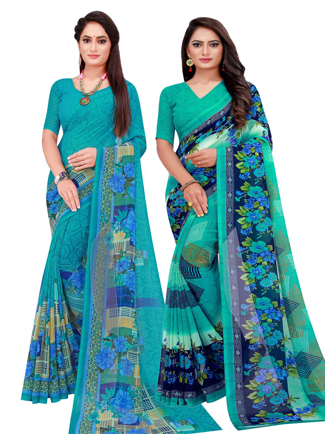 KALINI Turquoise Blue & Green Printed Pure Georgette Saree