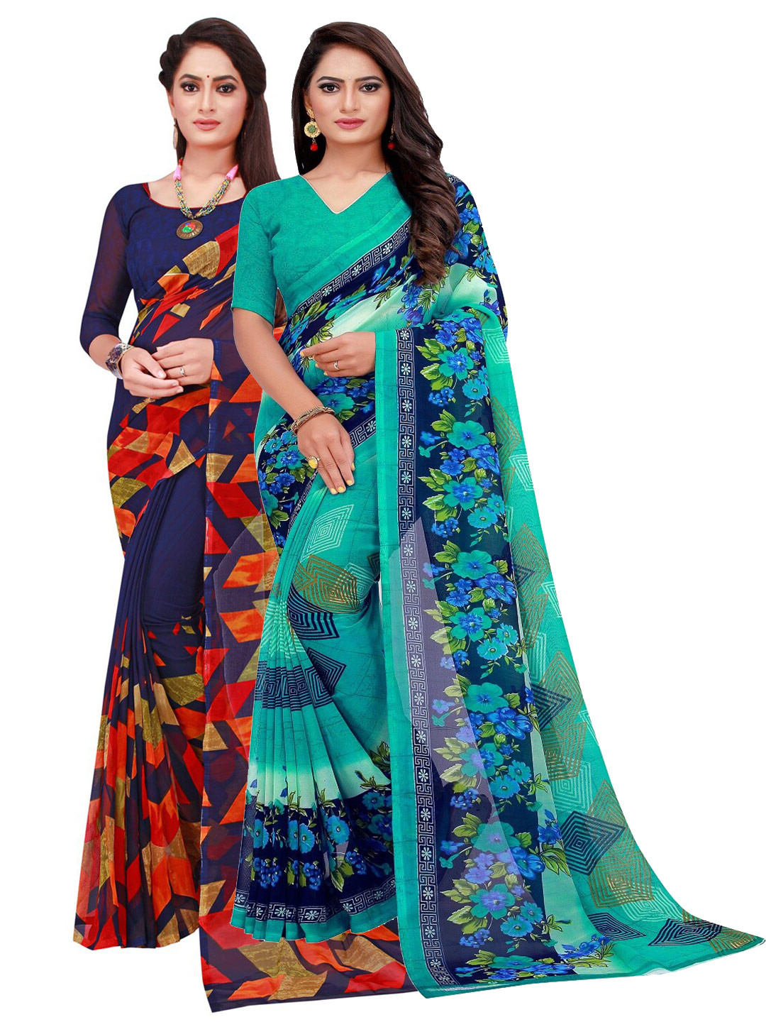 KALINI Navy Blue & Red Printed Pure Georgette Saree