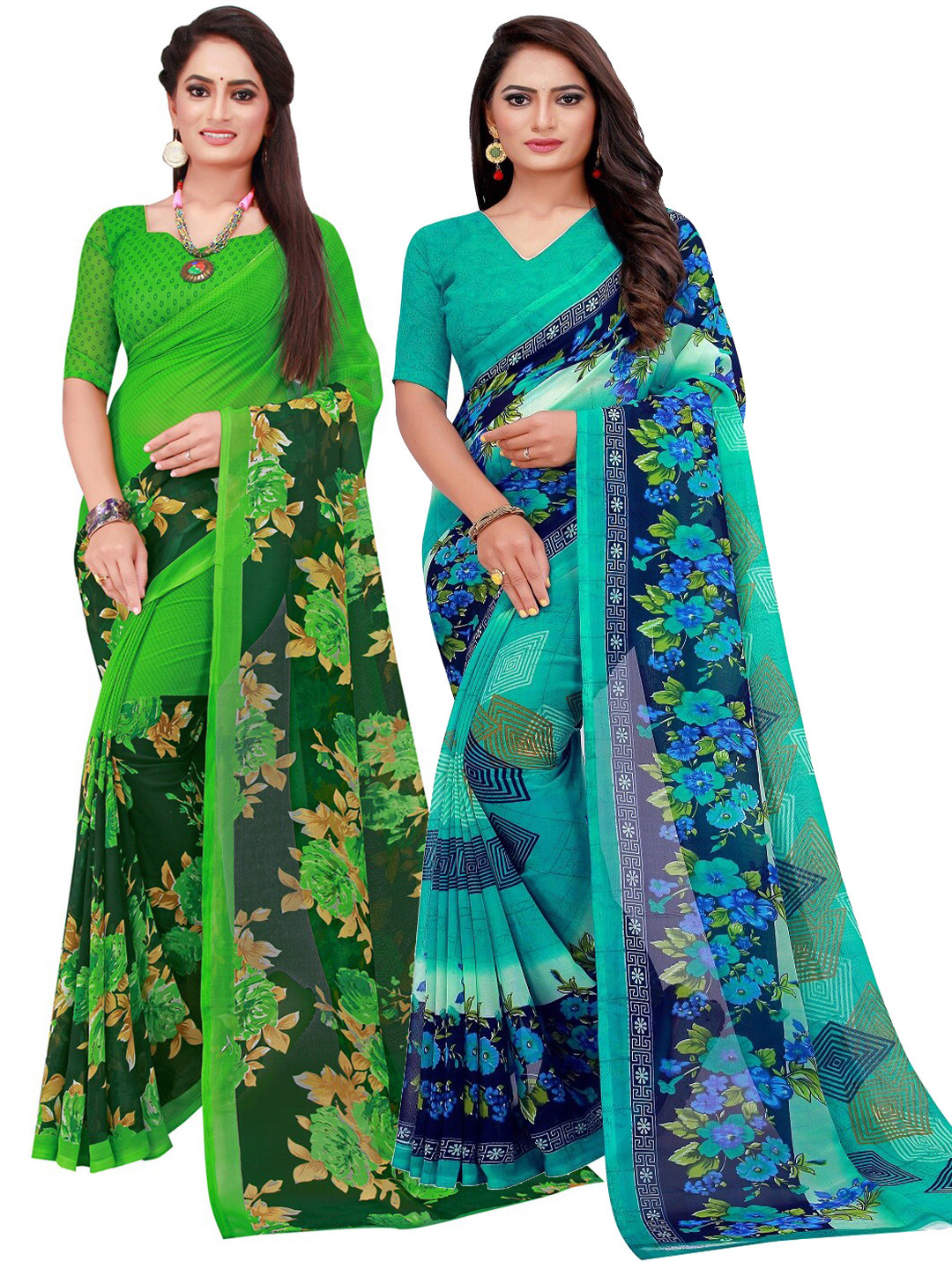 KALINI Turquoise Blue & Green Printed Pure Georgette Saree