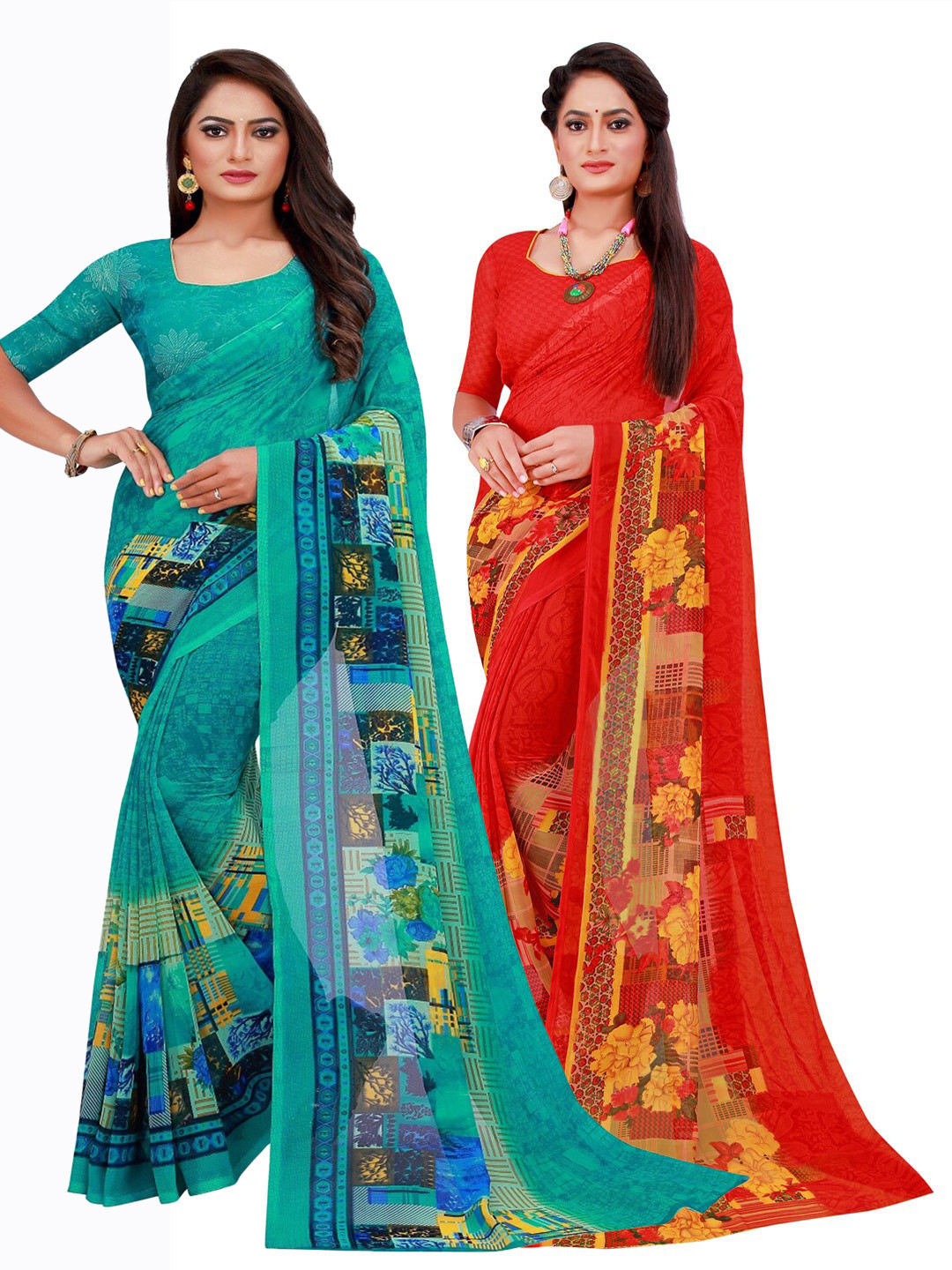 KALINI Red & Teal Printed Pure Georgette Saree