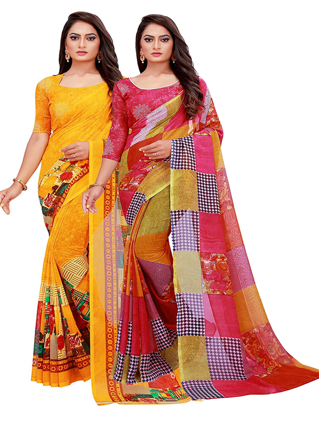 KALINI Red & Yellow Printed Pure Georgette Saree