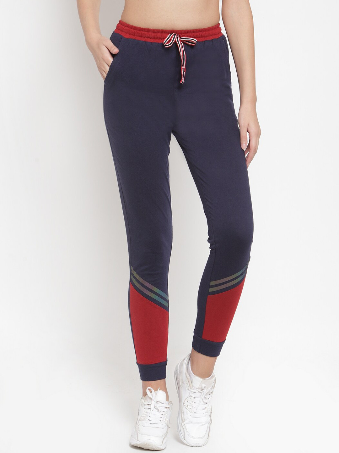 Boston Club Women Navy Blue & Red Colourblocked Cotton Track Pants