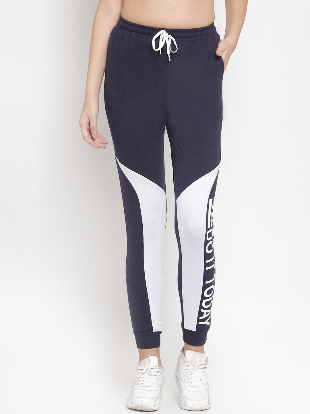 Boston Club Women Navy Blue Printed Cotton Running Track Pants