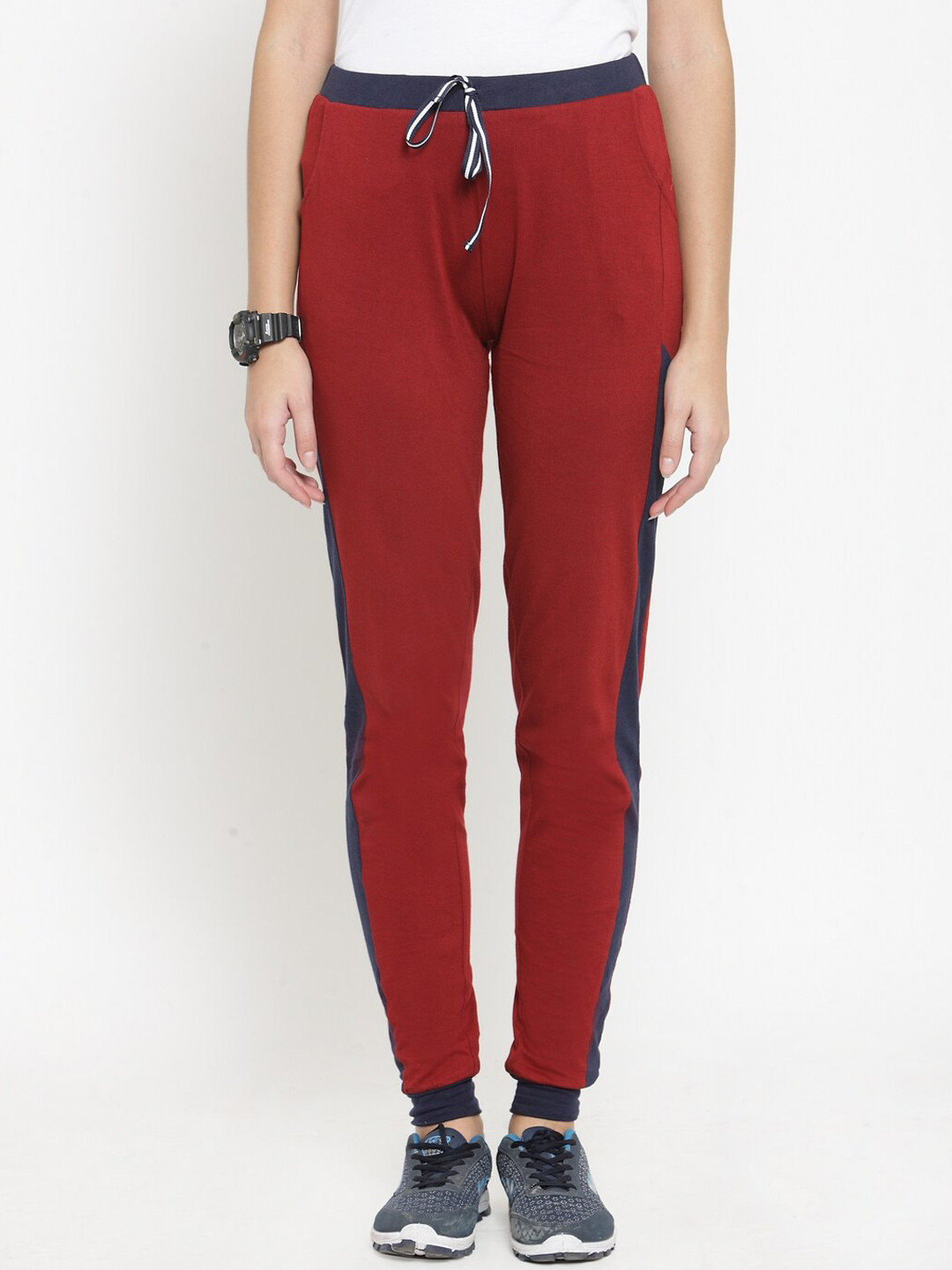 Boston Club Women Maroon Cotton Track Pants with Side Panel Detail