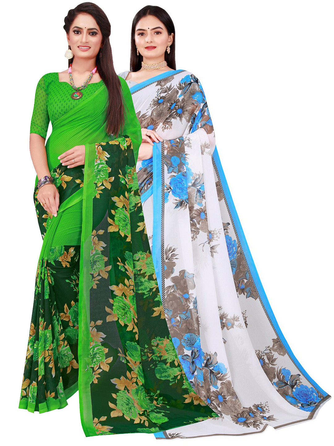 KALINI Pack Of 2 Green & White Floral Georgette Saree