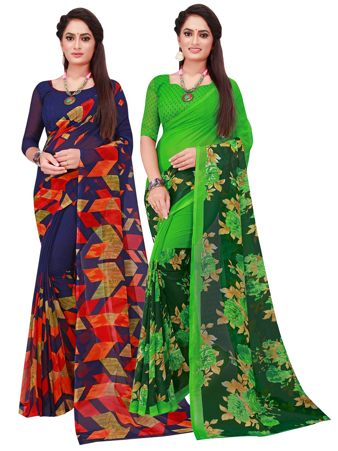 KALINI Pack Of 2 Navy Blue & Green Georgette Saree