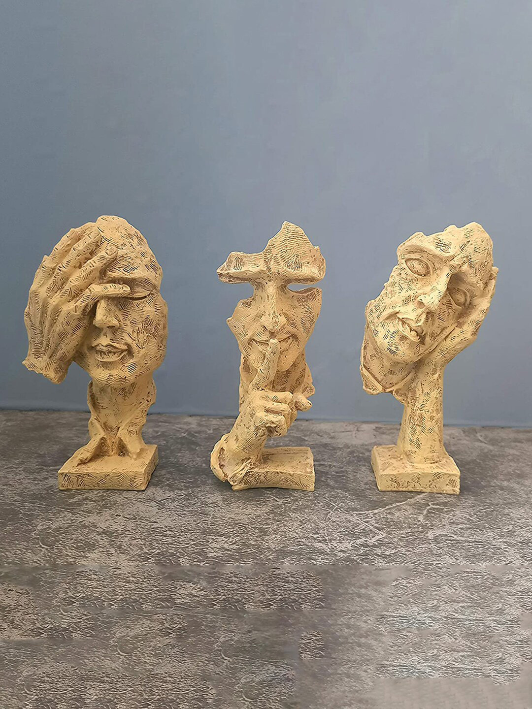 CraftVatika Human Face Expression Beige Resin Glossy Living Room Set of 3 Medium Showpieces - 6.3 Inches