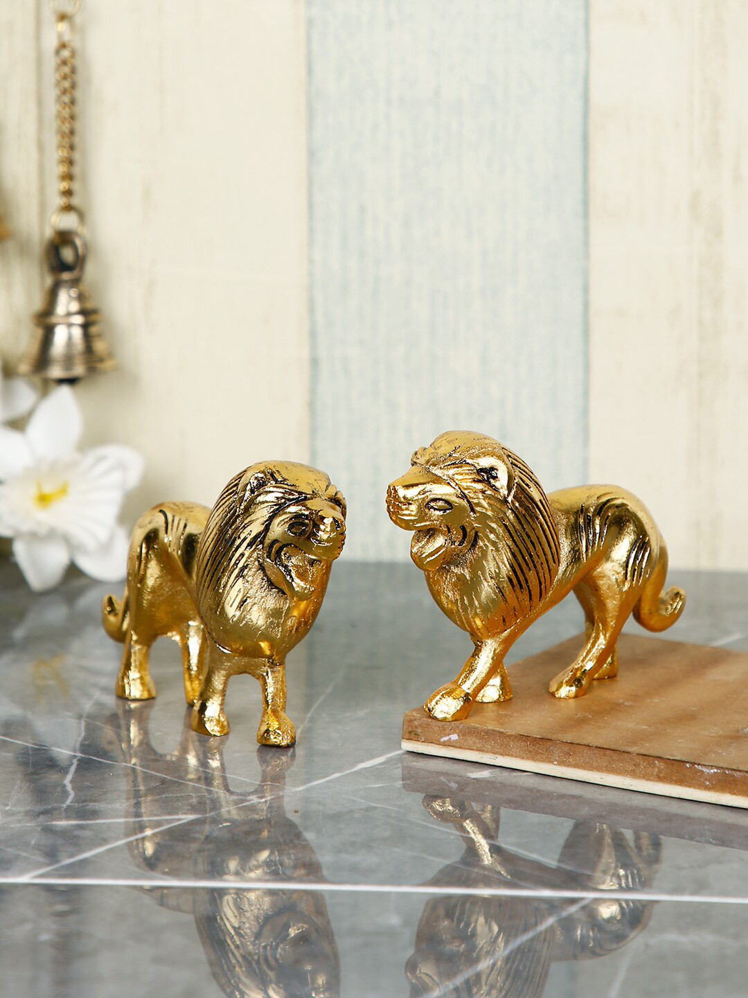 CraftVatika Lion Gold Metal Metallic Living Room Set of 2 Small Showpieces - 4 Inches