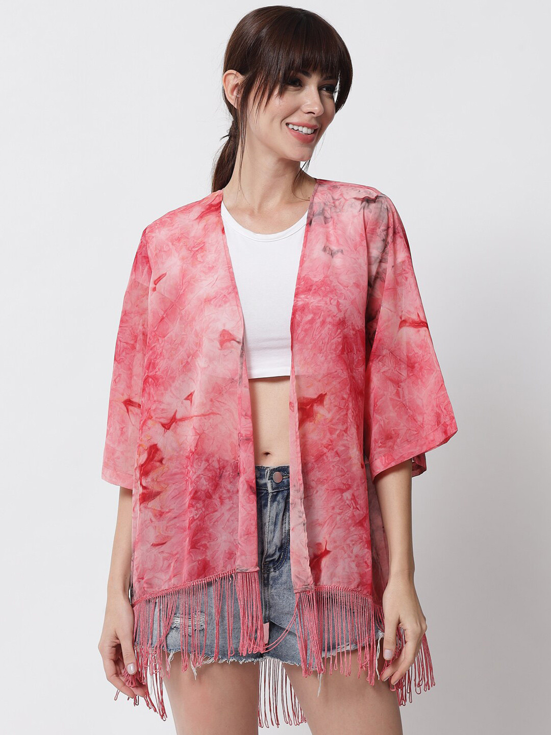 PURYS Women Pink Tie & Dye Printed fringed Shrug