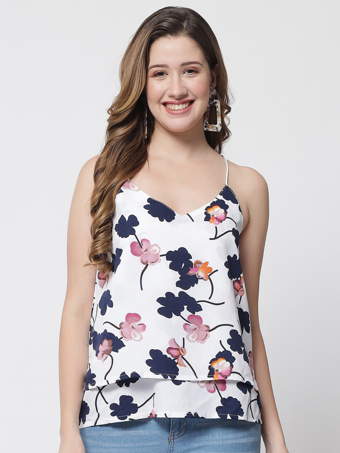 PURYS Women White Floral Print Georgette Top