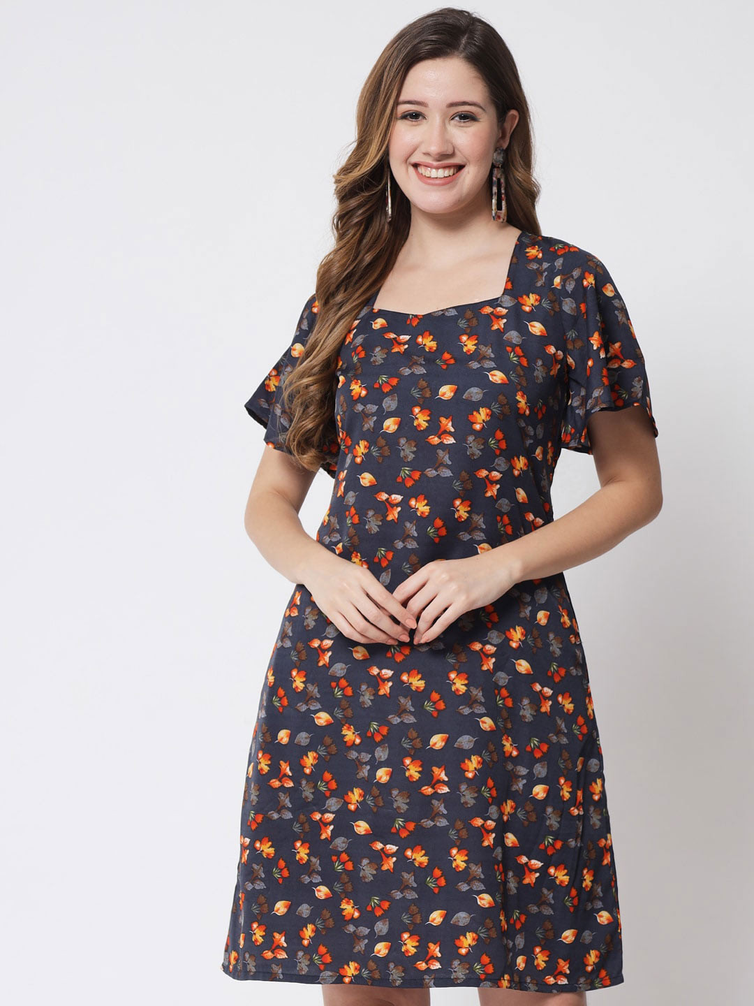 PURYS Navy Blue Floral Print Crepe Dress