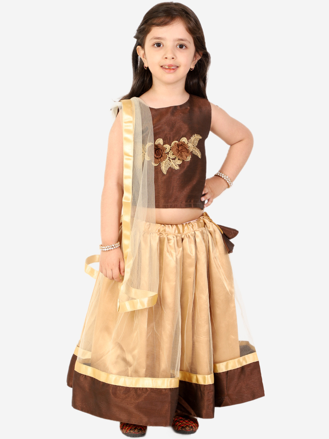 Superminis Girls Brown & Cream-Coloured Ready to Wear Lehenga Choli With Dupatta