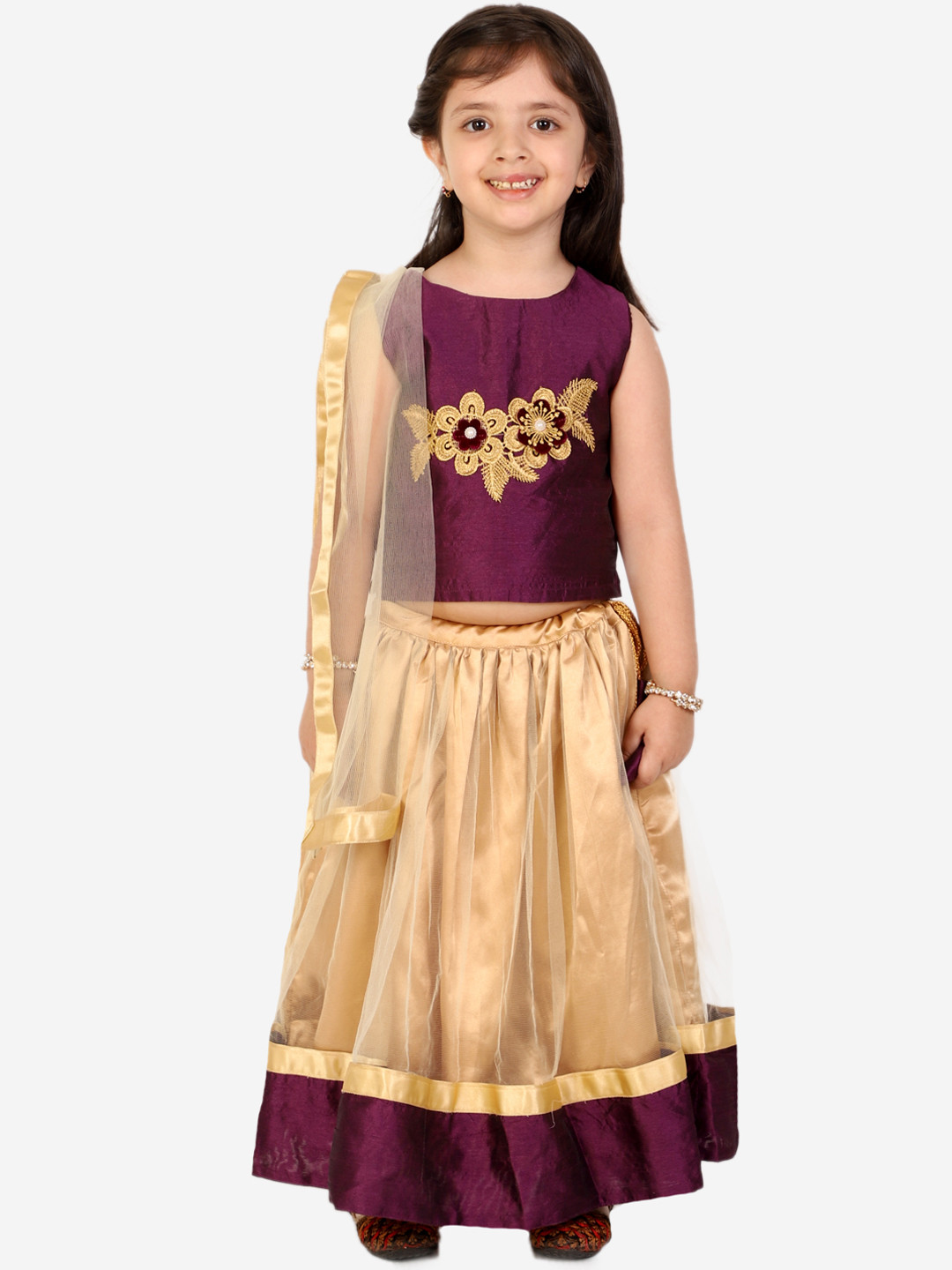 Superminis Girls Purple & Gold Embroidered Ready to Wear Lehenga & Blouse With Dupatta