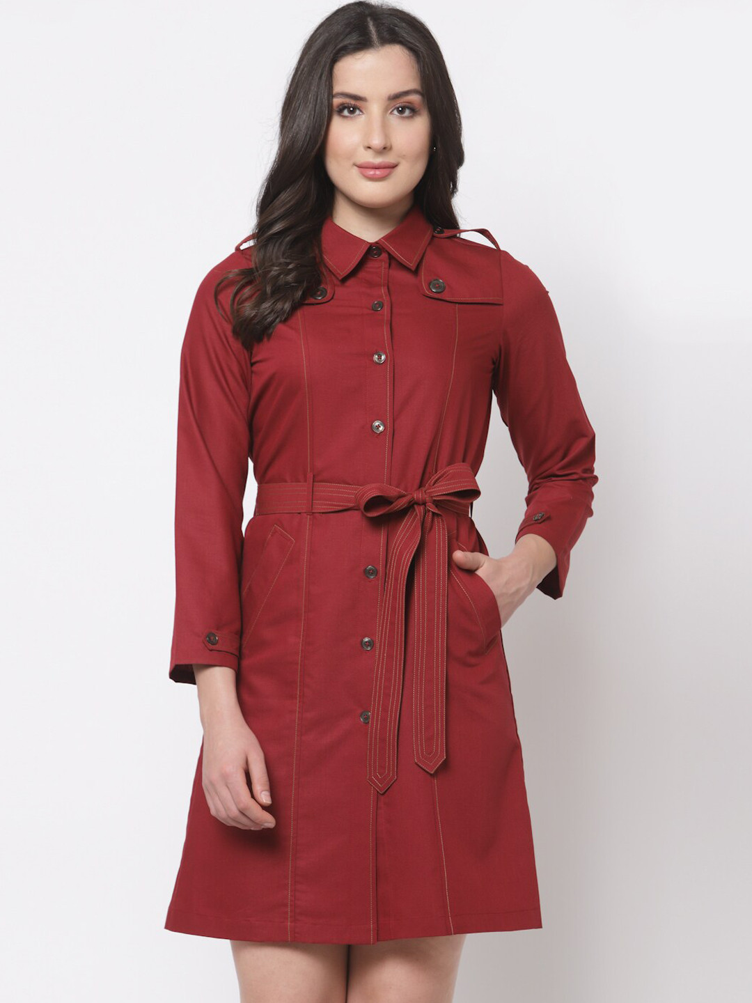 OFFICE & YOU Women Red Trench Coat with Belt