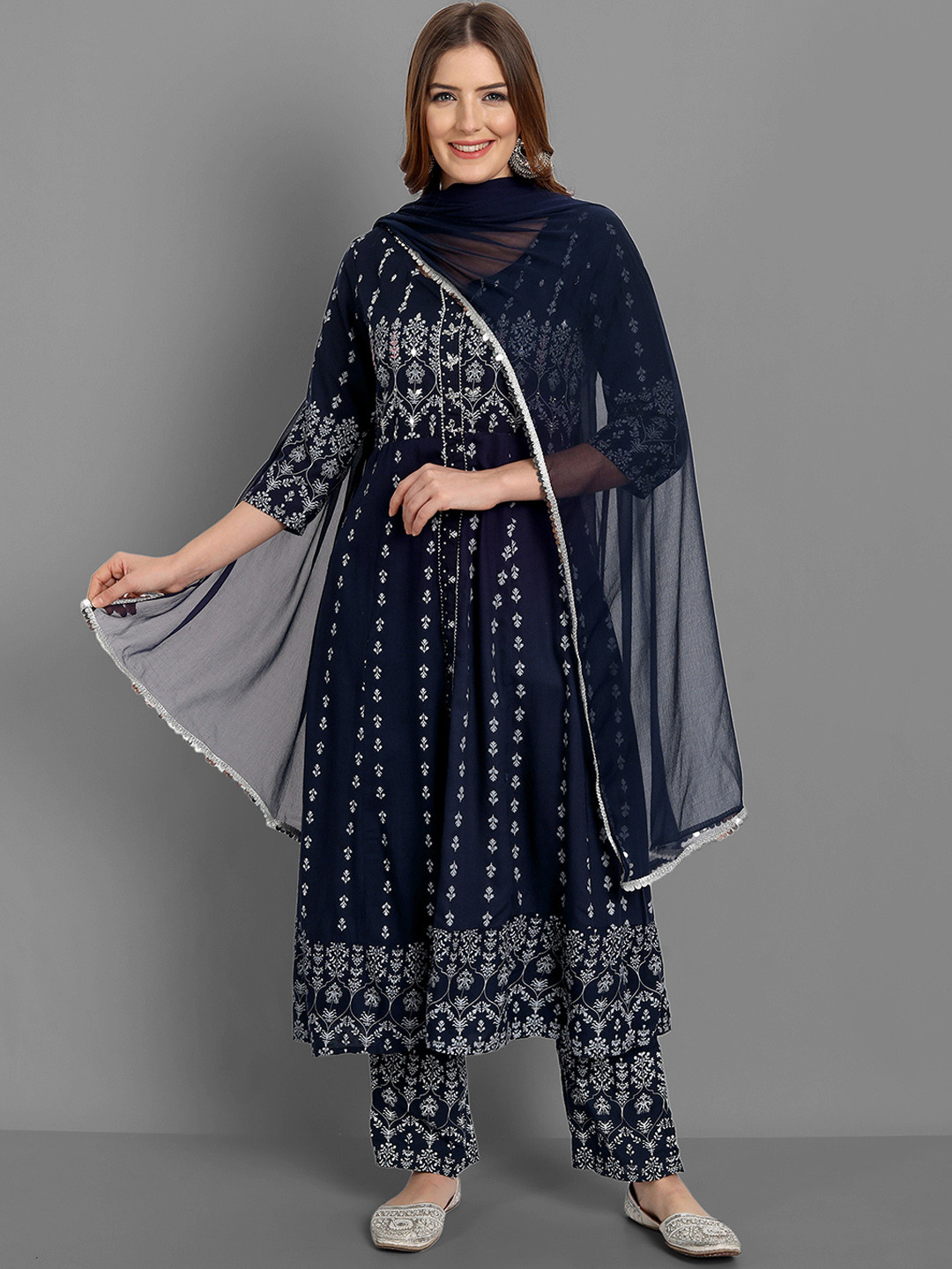 SINGNI Women Blue Ethnic Embellished Printed Anarkali Kurta With Trousers & Dupatta