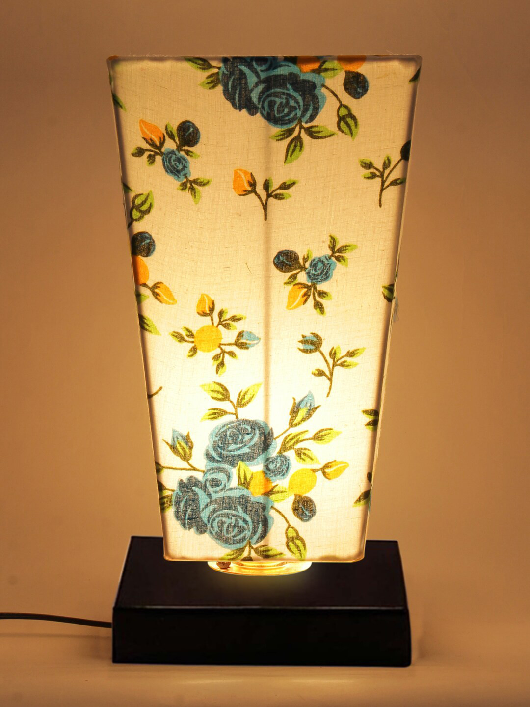 Devansh White & Blue Floral Printed Pyramid Cotton shade with Square Iron Base Table Lamp