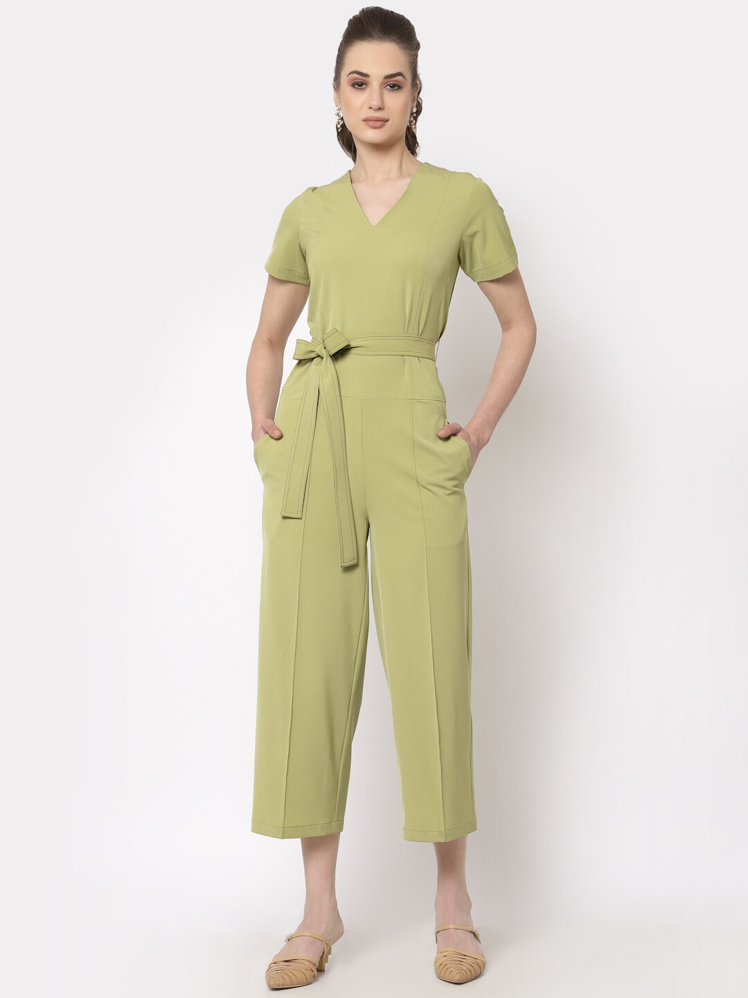 OFFICE & YOU Olive Green Solid Basic Jumpsuit