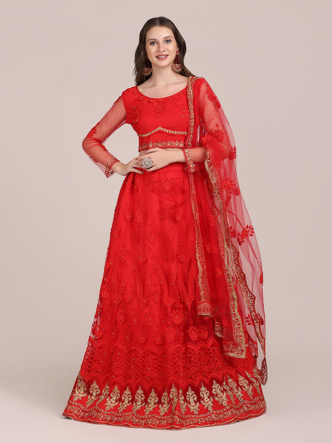 Warthy Ent Red & Golden Embroidered Semi-Stitched Lehenga & Unstitched Blouse With Dupatta