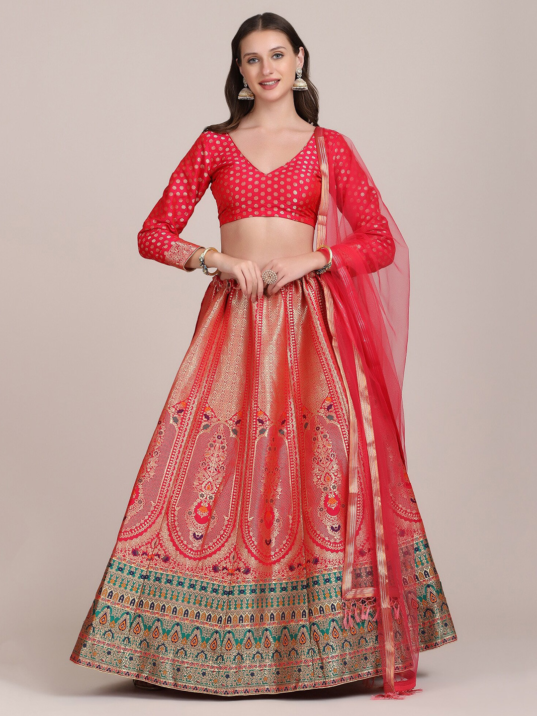 Warthy Ent Red & Green Printed Semi-Stitched Lehenga & Unstitched Blouse With Dupatta