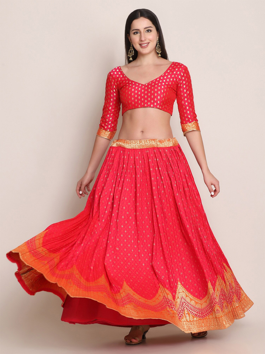 Warthy Ent Pink & Gold-Toned Semi-Stitched Lehenga & Unstitched Blouse With Dupatta