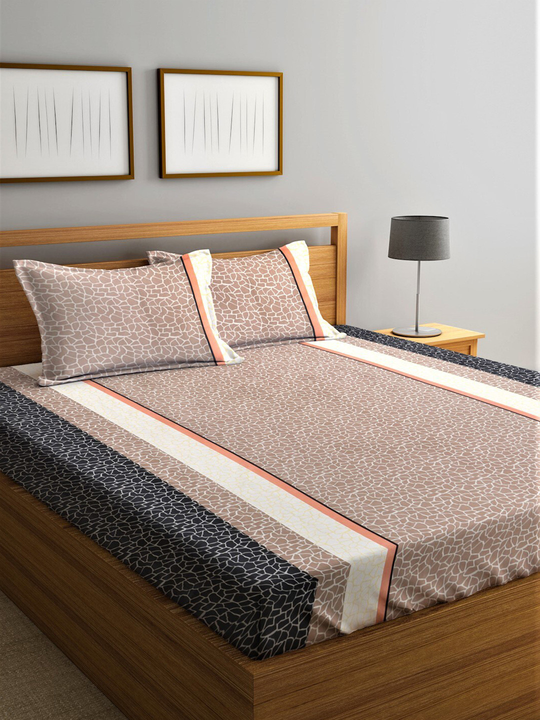 Home Sizzler Camel Brown & Grey 210TC Queen 1 Bedsheet with 2 Pillow Covers