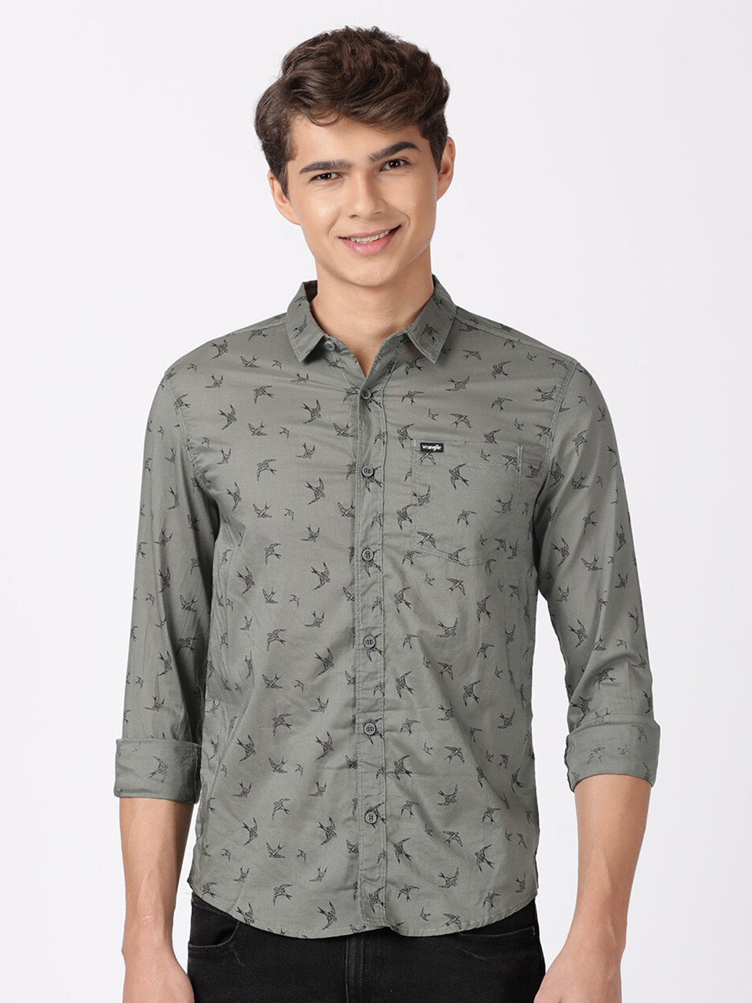 Wrangler Men Grey Slim Fit Printed Casual Shirt
