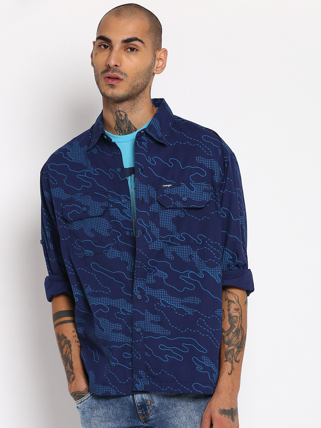 Wrangler Men Blue Printed Casual Shirt