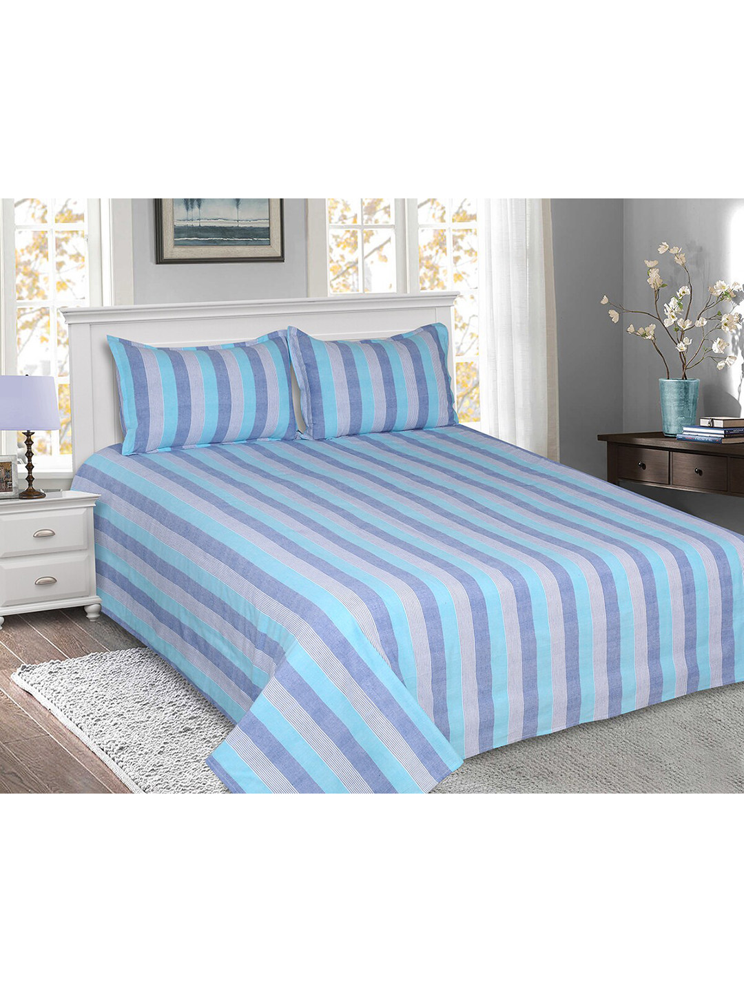 SHADES of LIFE Amaze Blue Striped Pure Cotton 250 TC King Fine Bedsheet with 2 Pillow Covers-108 x 108 inches