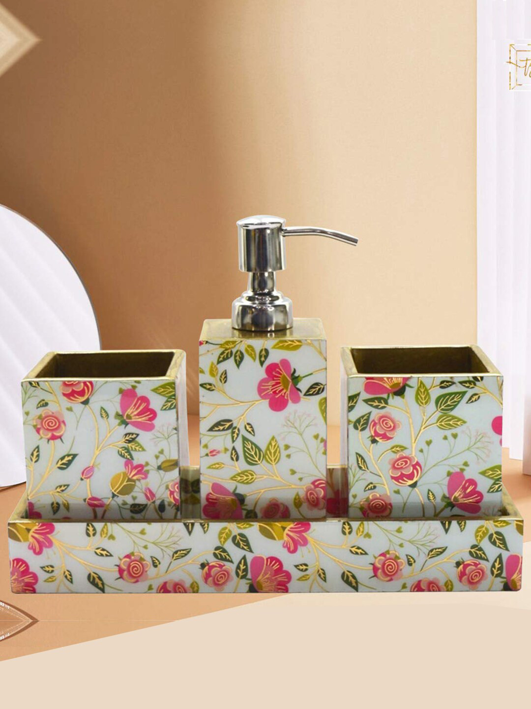 Tranquil square Set Of 4 White & Pink Floral Printed Bathroom Accessories Set