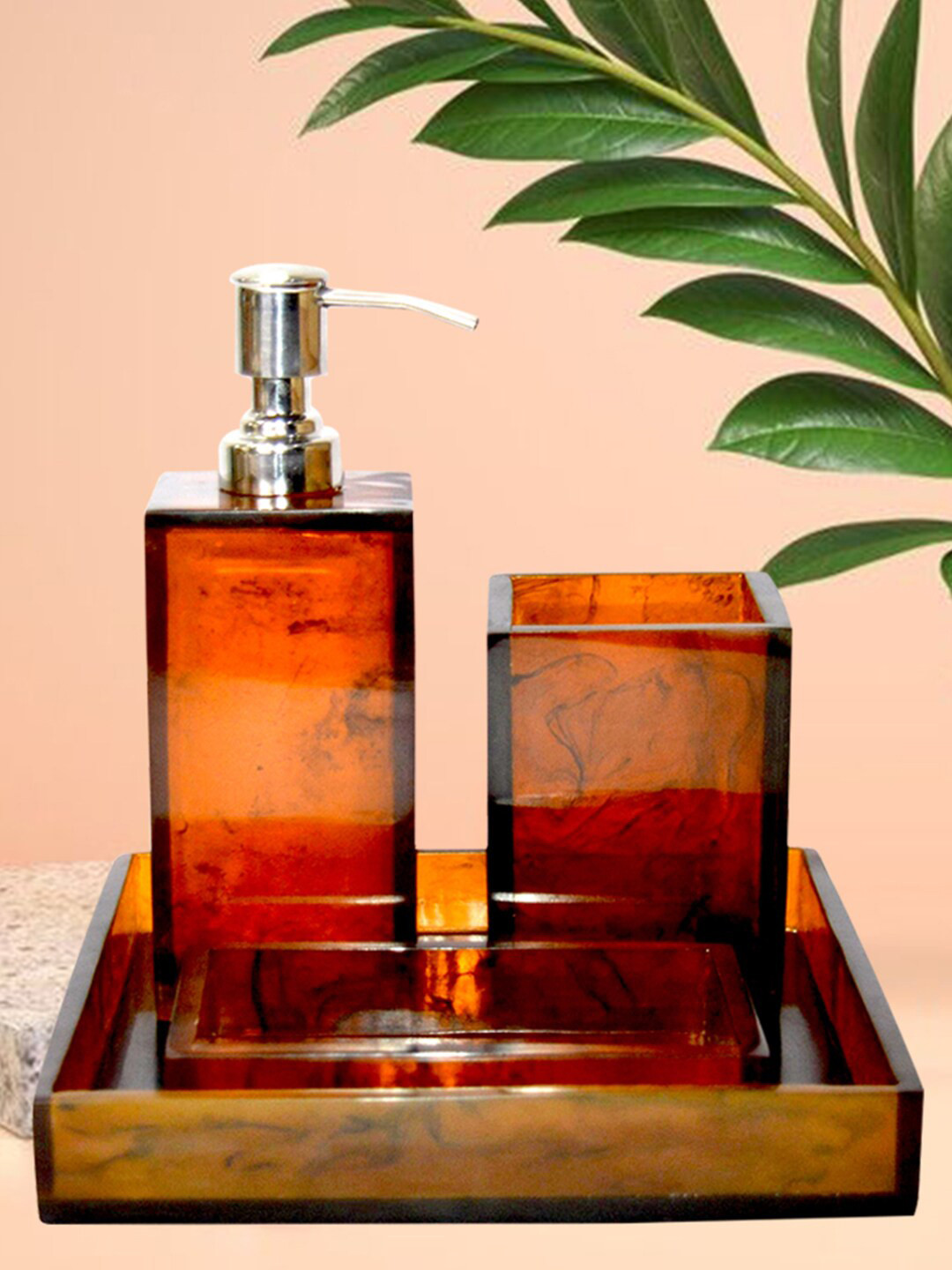 Tranquil square Set of 4 Camel Brown Glossy Bathroom Accessory Set