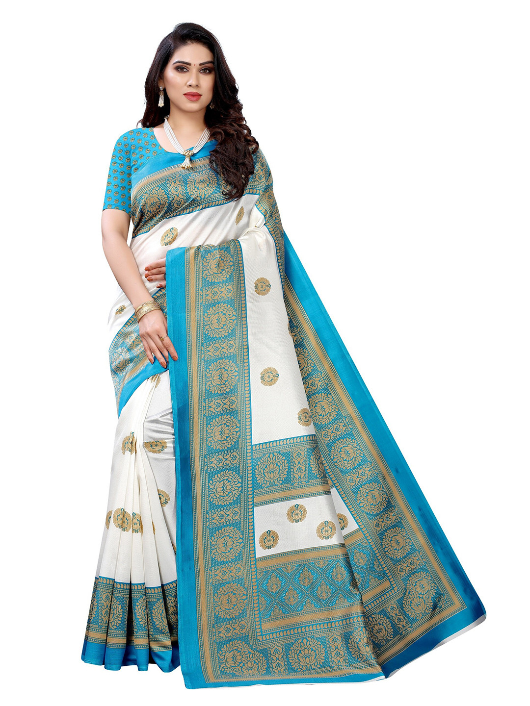 Yashika Teal & White Ethnic Motifs Printed Art Silk Saree