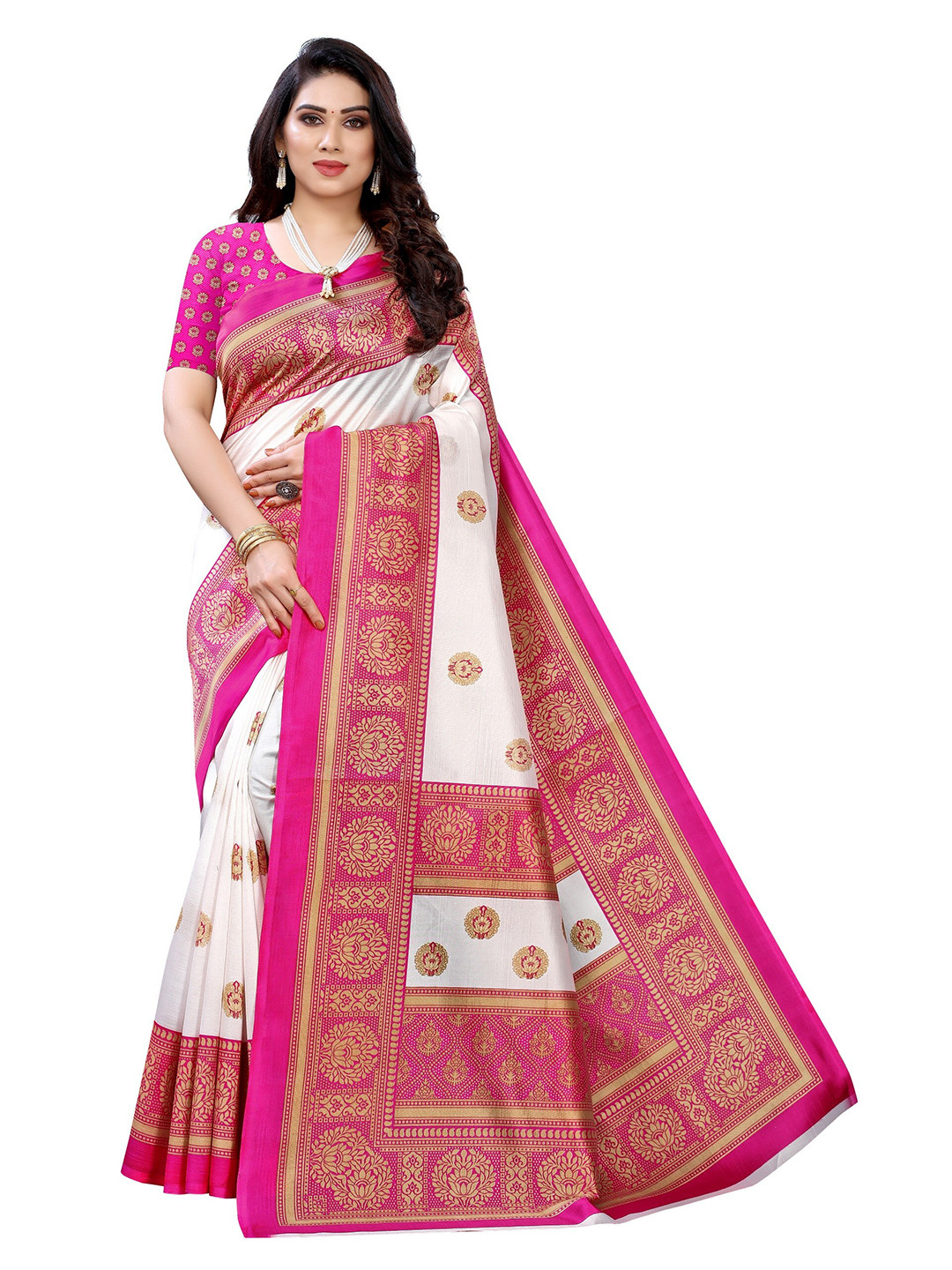 Yashika Pink & White Ethnic Motifs Art Silk Khadi Saree