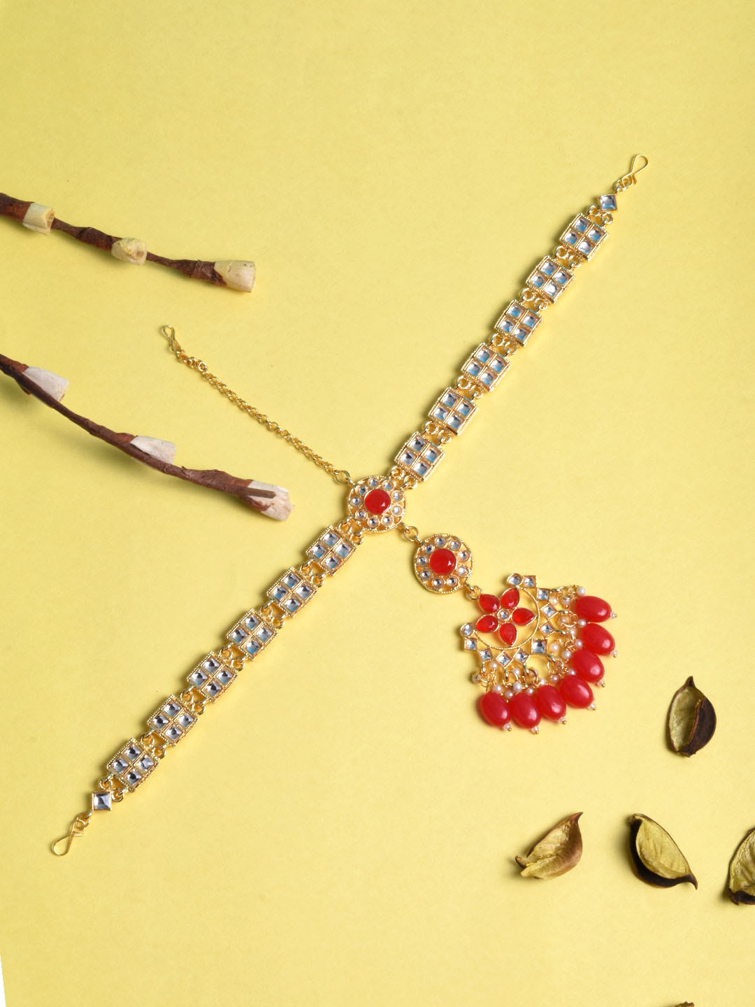 STEORRA JEWELS Gold-Plated & Red Stone-Studded Matha Patti