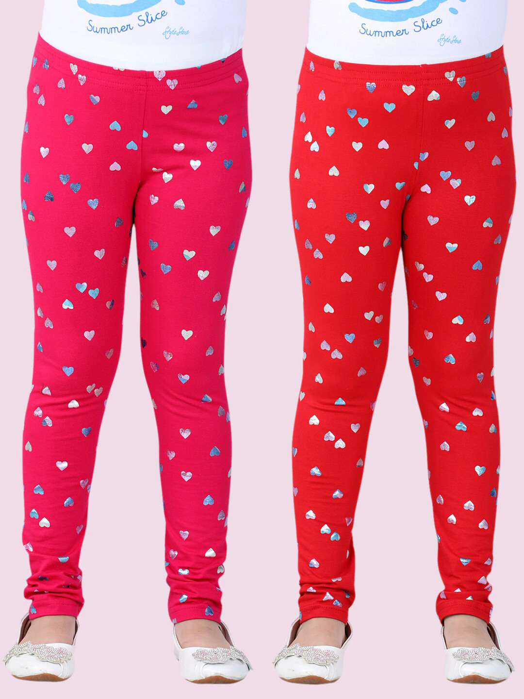 StyleStone Girls Fuschia & Red Pack Of 2 Printed Cotton Leggings