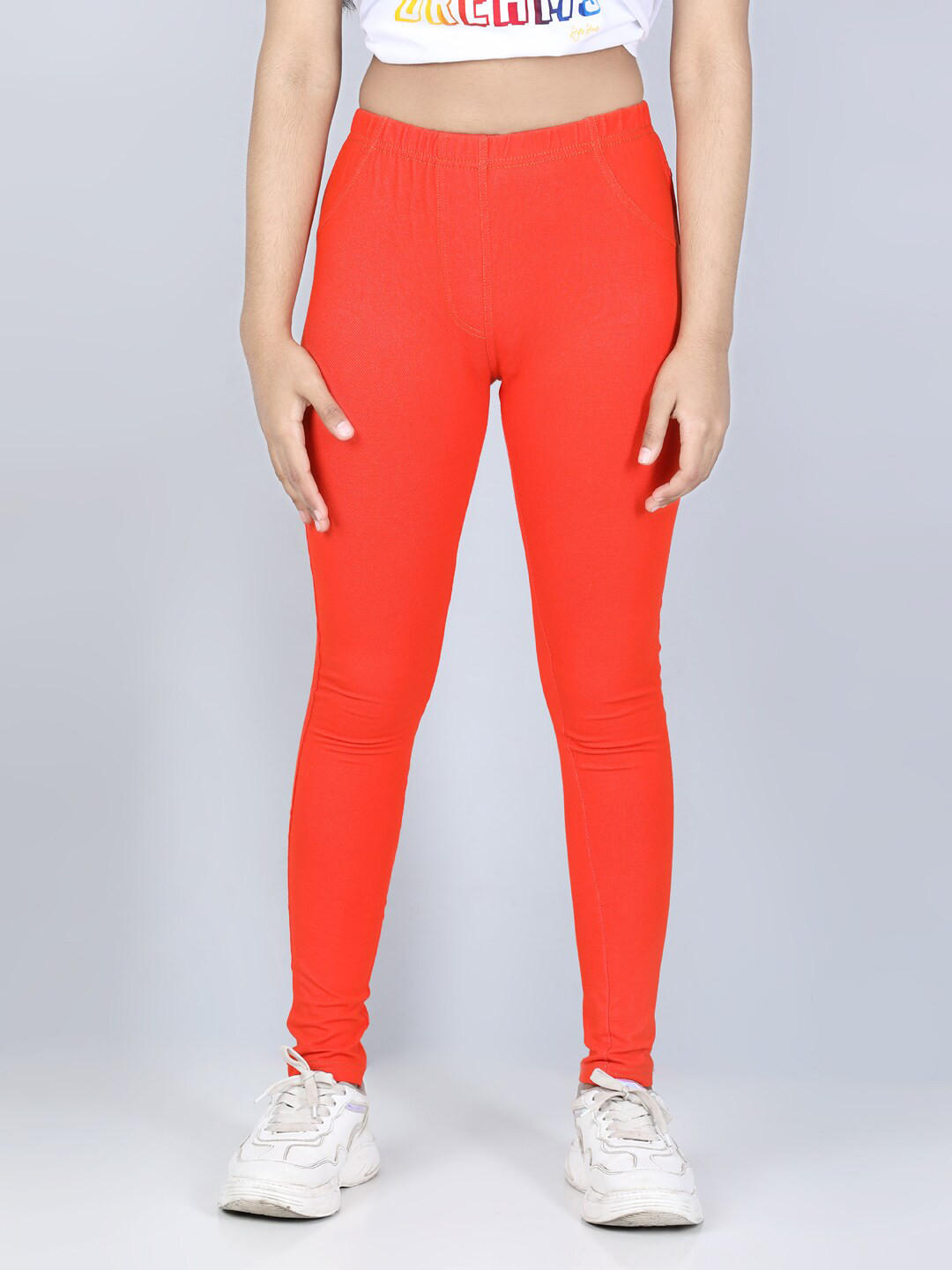 StyleStone Girls Orange Solid Cotton Jeggings