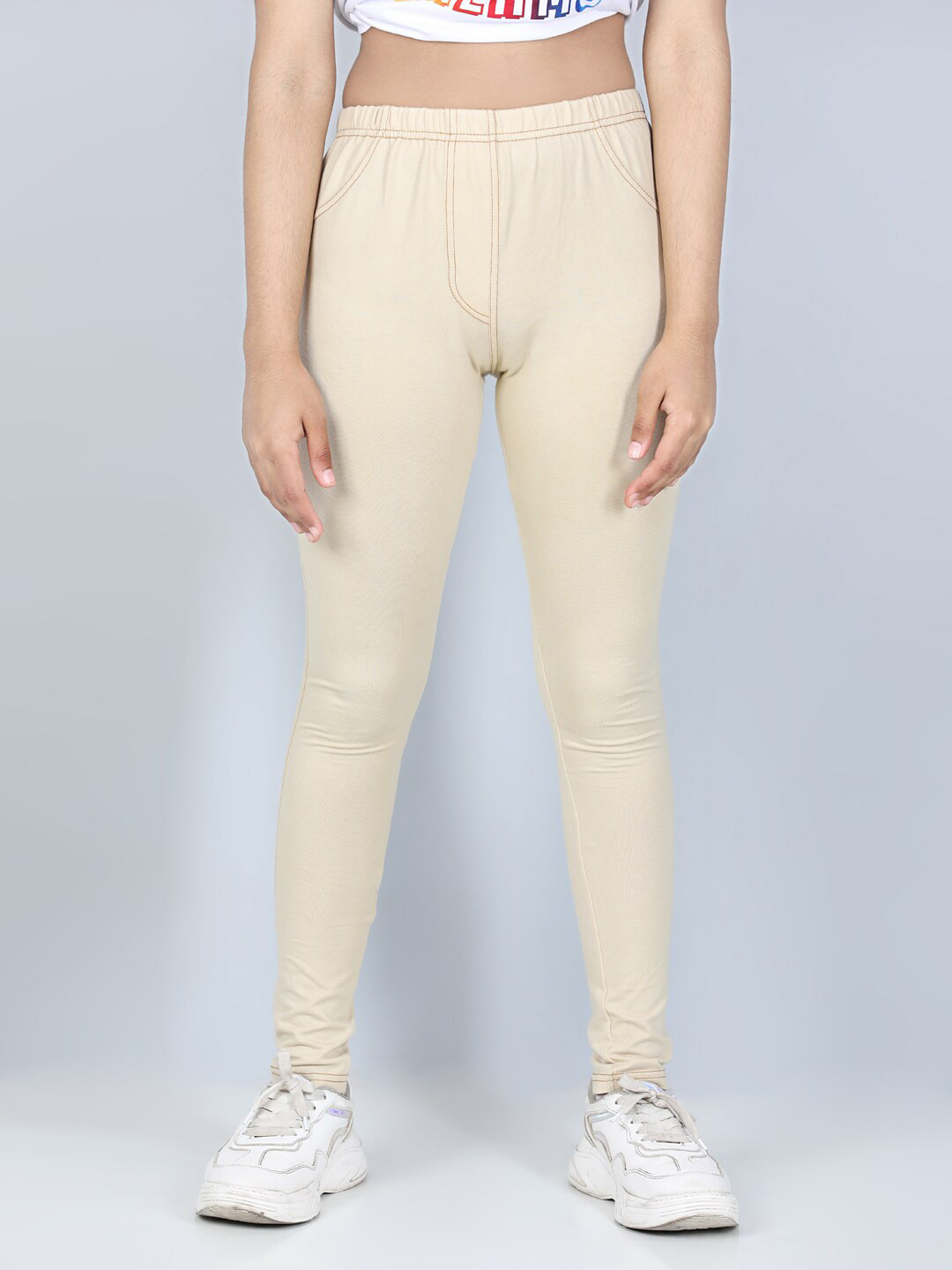 StyleStone Girls Cream Solid Cotton Jeggings