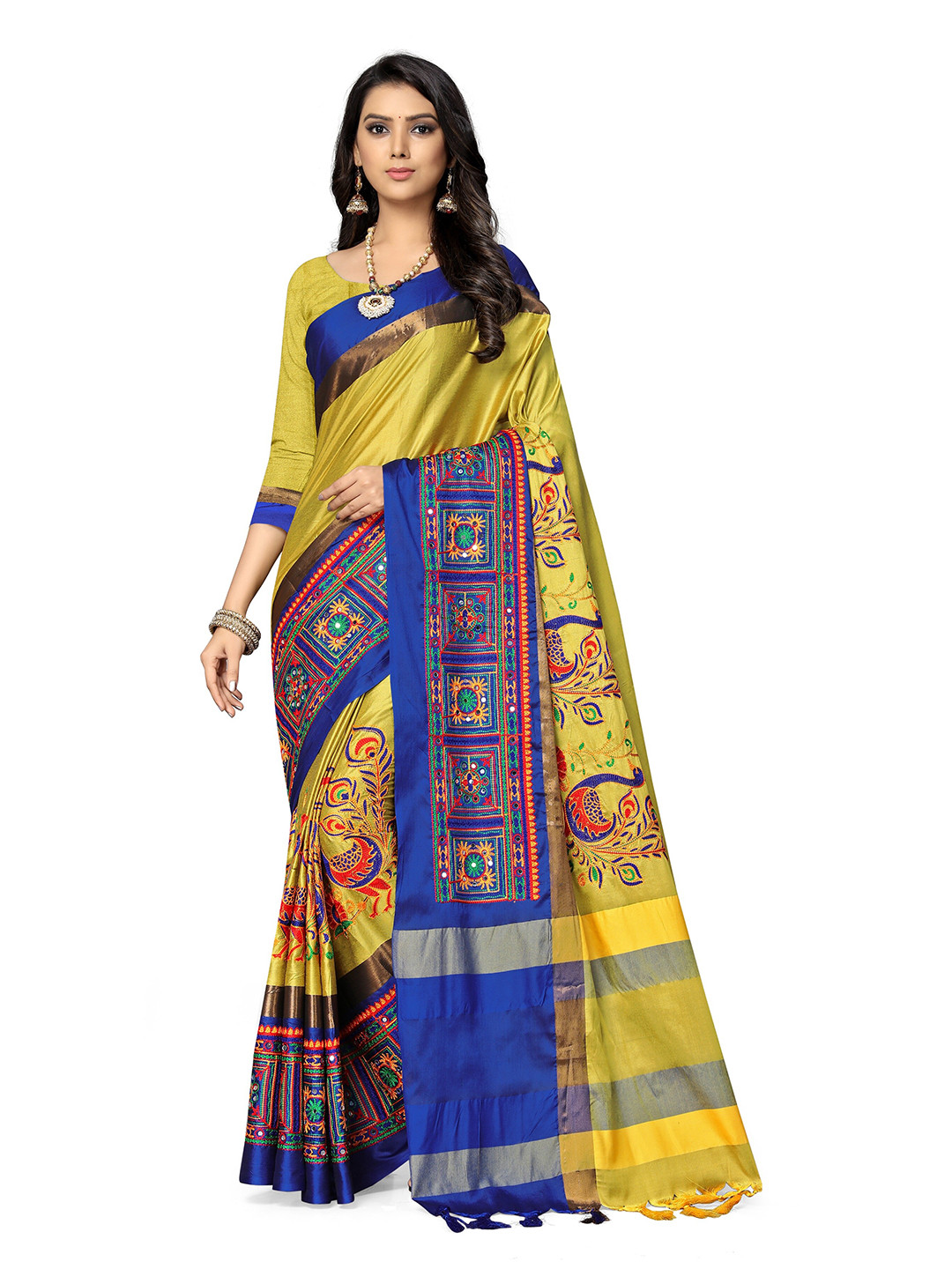 SERONA FABRICS Yellow & Blue Ethnic Motifs Silk Cotton Saree